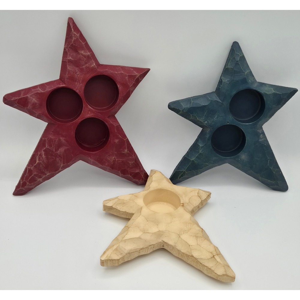 PartyLite Primitive Star Tealight Candle Holder S/3 Red White Blue Rare Retired